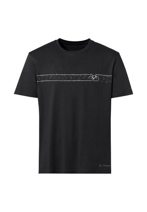 Schwarzes Baumwoll-T-Shirt mit einem minimalistischen weißen Fahrrad-Graphic und horizontalem Linien-Design; kurze Ärmel und Rundhalsausschnitt.
