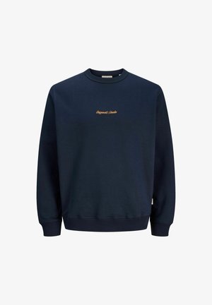 Tamsiai mėlyna megzta palaidinė, pagaminta iš minkštos medžiagos, su apvalia iškirpte, gumbeliais ant rankovių ir subtiliu oranžiniu siuvinėjimu priekyje.