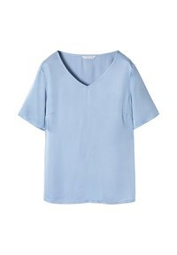 Himmelbluse mit kurzen Ärmeln in Hellblau, V-Ausschnitt, weichem Material und lockerer Passform. Enthält Seitennähte für zusätzliche Struktur.