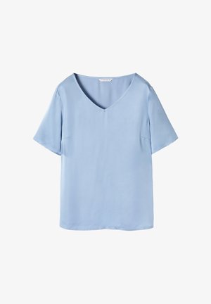 Heledad helesinine lühikeste varrukatega pluus, millel on V-kaelus, pehme tekstuur ja lõtv lõige. Külgedel on õmblused, mis lisavad struktuuri.