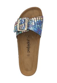 Infradito con una fascia a motivo rettile multicolore metallico, dotata di una fibbia argentata. Sottopiede imbottito marrone per il massimo comfort.