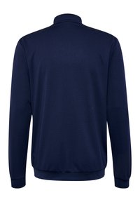 Mörkblå sweatshirt med hög krage, långa ärmar och ribbad mudd. Slät textur och elastisk midja. Ingen synlig branding eller mönster.