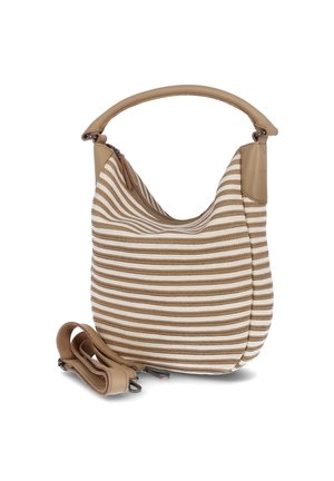 Raidallinen kangaskassi hobo vaaleanruskeana ja kermaisena, jossa on sileä nahkahandle ja irrotettava olkahihna. Pyöristetty muoto, jossa on vetoketjukiinnitys.