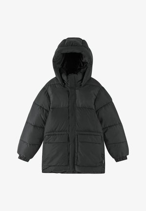 Schwarze gepolsterte Winterjacke mit Kapuze, Frontreißverschluss, elastischen Bündchen und zwei Fronttaschen mit Klappen, entworfen für Wärme und Schutz.