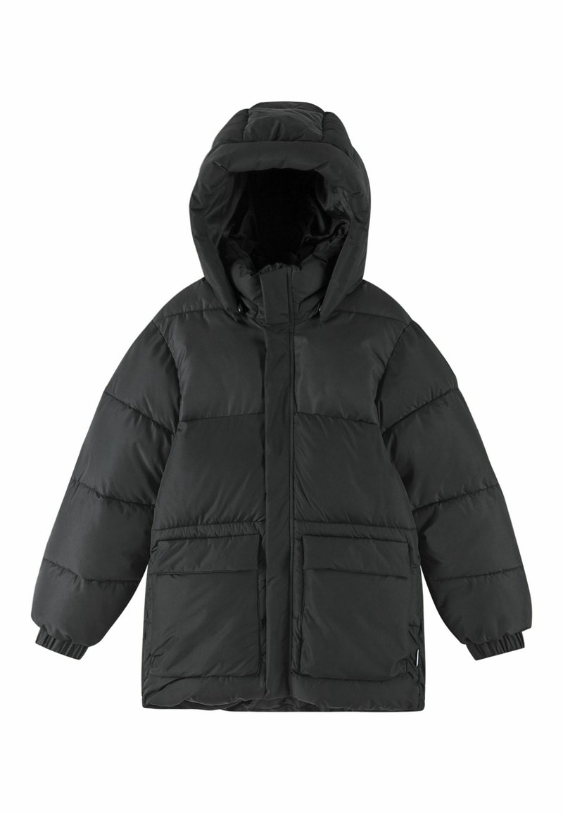 Schwarze gepolsterte Winterjacke mit Kapuze, Frontreißverschluss, elastischen Bündchen und zwei Fronttaschen mit Klappen, entworfen für Wärme und Schutz.