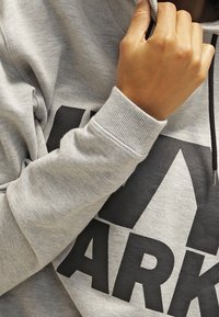 Szara bluza z kapturem wykonana z mieszanki bawełny z prążkowanymi mankietami i pasem. Posiada duże czarne logo z przodu oraz sznurki przy szyi.
