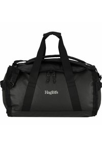 Borsa duffel nera con texture in tessuto, manici superiori doppi, cinghie laterali regolabili e un logo brandizzato sul davanti. Chiusura con cerniera e cordini.