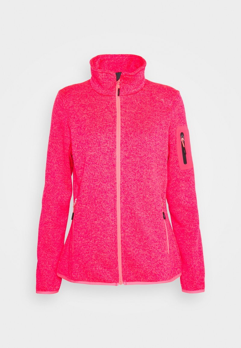 Giacca in pile di un brillante colore rosa con colletto alto, zip frontale e tasca con zip sul braccio sinistro. Texture liscia, design aderente.