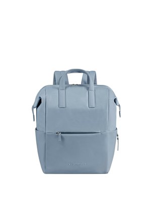Light blue rectangular backpack with double handles, padded shoulder straps, front zipper pocket, and zippered main compartment.