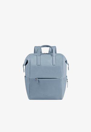 Light blue rectangular backpack with double handles, padded shoulder straps, front zipper pocket, and zippered main compartment.