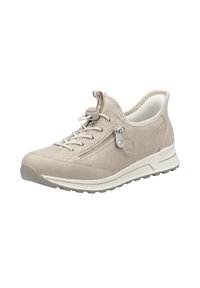 Beige suede sneaker with a textured finish, featuring a side zipper, elastic laces, and a lightweight white sole for comfort and flexibility.