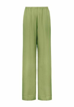 Pantalon vert clair à jambes larges, avec ceinture élastique et ourlet droit, présenté sur un fond blanc.