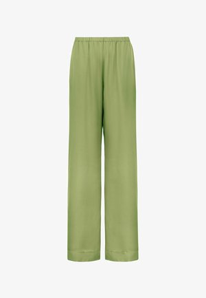 Jasnozielone spodnie o szerokich nogawkach z elastycznym pasem i prostą linią dołu, prezentowane na białym tle.