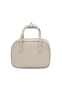 Beżowa skórzana torebka na dwa uchwyty, prostokątna forma, gładka tekstura, złote akcenty metalowe oraz zamek błyskawiczny.