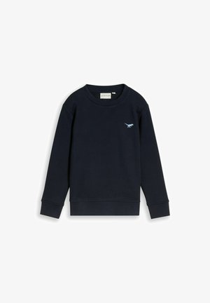 Sweat-shirt bleu marine à manches longues, col rond, petit logo dinosaure bleu clair sur la poitrine gauche, avec poignets et ourlet côtelés.