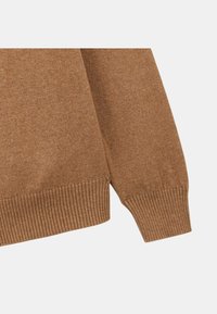 Pull en tricot marron avec des poignets et un ourlet côtelés, offrant une texture douce et une coupe légèrement décontractée, mettant l'accent sur le confort et la chaleur.