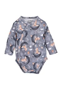 Langärmliger grauer Bodysuit aus weichem Baumwollstoff mit einem verspielten Muster von Füchsen, Monden und Wolken in pastellfarbenen Tönen. Mit Druckknopfverschluss.
