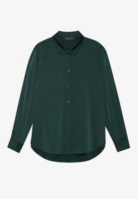Vihreä pitkähihainen paita, valmistettu sileästä kankaasta, jossa on klassinen kaulus, nappikiinnitys edessä ja pyöristetty helm, hillityillä mustilla napeilla.