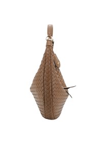 Brown woven leather shoulder bag with a geometric shape, featuring a side strap and a small flap pocket with a gold accent.