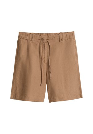 Hellbraune Leinen-Shorts mit elastischem Bund, verstellbarem Kordelzug, Gürtelschlaufen und geradem Saum.