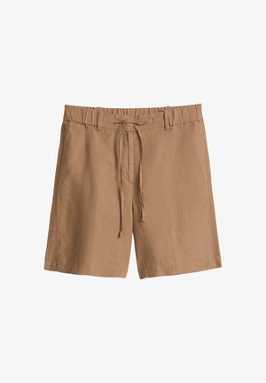 Hellbraune Leinen-Shorts mit elastischem Bund, verstellbarem Kordelzug, Gürtelschlaufen und geradem Saum.
