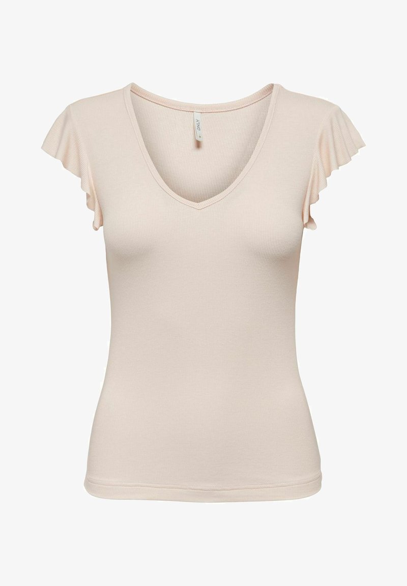 Haut court à manches courtes en ribbed beige clair avec un col en V et des détails de manches évasées, silhouette ajustée, étiqueté "ONLY" à l'intérieur du col.