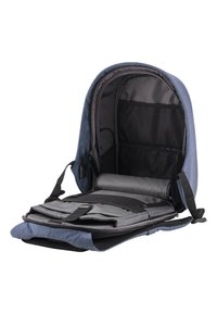 Blue fabric backpack with a spacious interior, gray inner lining, organizational pockets, and adjustable straps. Opened design for accessibility.
