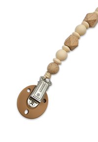 Clip per ciuccio con perline in silicone beige e forme in legno naturale, dotato di una base rotonda marrone e una clip metallica per il fissaggio.
