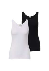 Dos camisetas sin mangas para mujer, una blanca y una negra, mostradas de frente con escotes redondos sobre un fondo blanco.