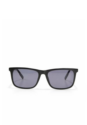 Black rectangular framed sunglasses with dark tinted lenses on a white background.