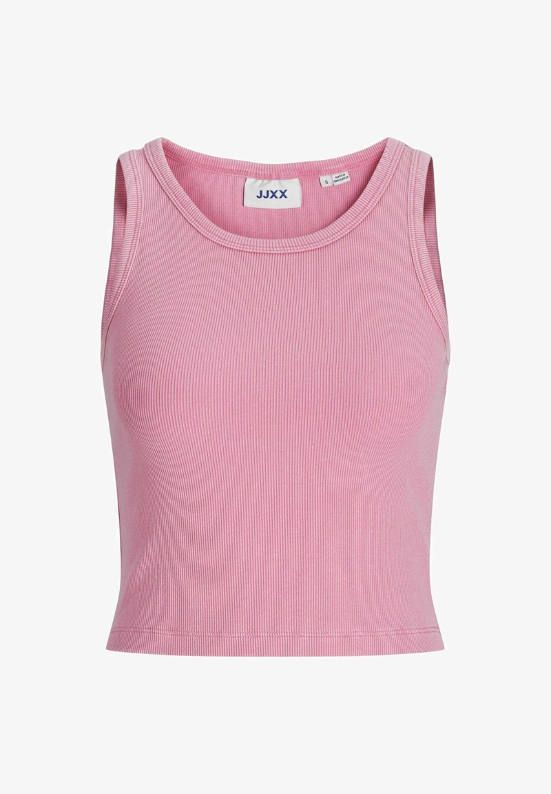 Ujj nélküli, rózsaszín bordázott ujjatlan trikó, kerek nyakkivágással és testhez simuló fazonnal, finom varrási részletekkel a széleken.