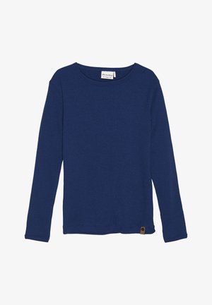 Tumši jūras zilā garām piedurknēm krekliņš ar ribotu tekstūru, apaļu dekoltē un mazu brūnu etiķeti apakšējā malā. Mīksts auduma materiāls.