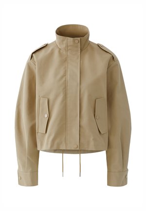 Beige gekürzte Jacke mit hohem Kragen, vorderen Druckknöpfen, Pattentaschen, Schulterklappen, langen Ärmeln und Kordelzugsaum.