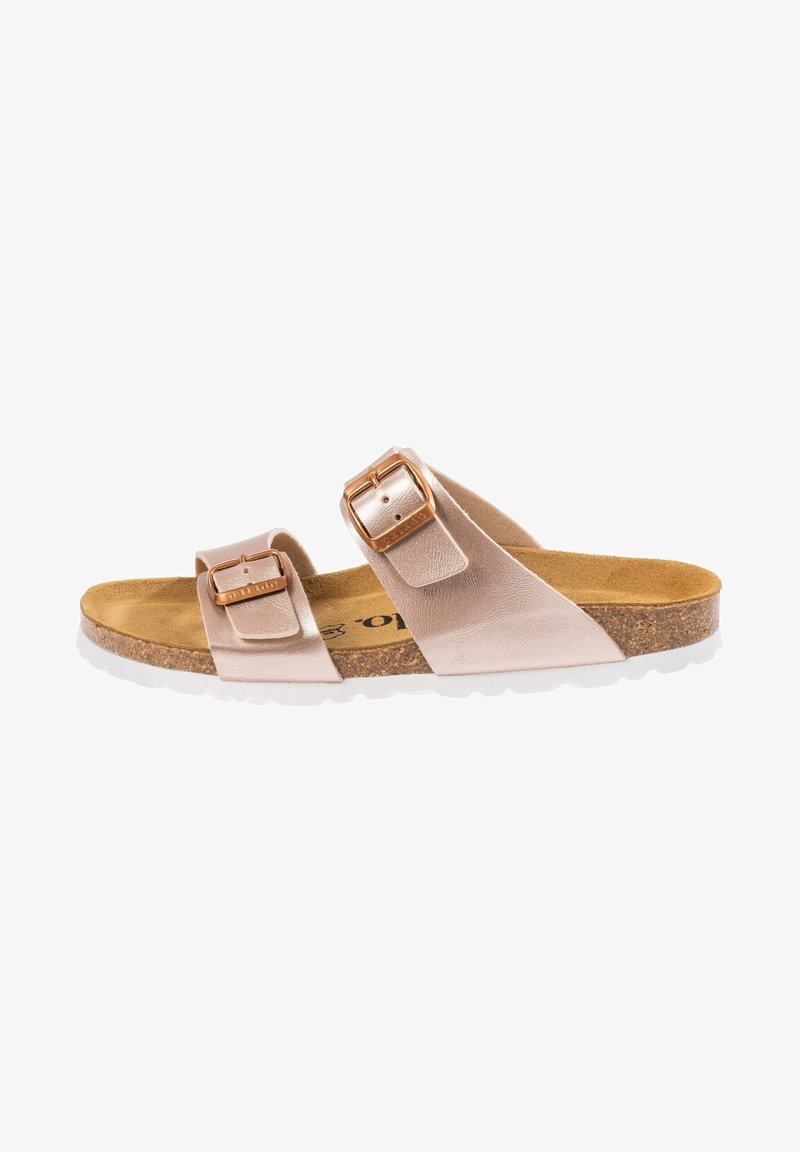 Sandale à bout ouvert avec deux brides métalliques réglables couleur or rose et semelle en liège, dotée d'une semelle intérieure profilée et d'une semelle extérieure blanche.