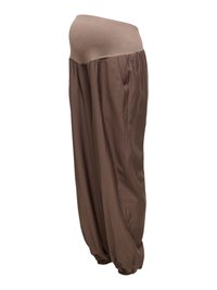 Pantalon de maternité marron avec chevilles froncées et une ceinture beige douce et extensible pour le soutien du ventre.