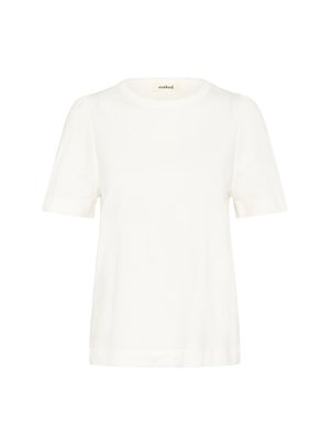 T-shirt bianco a maniche corte realizzato in tessuto morbido, con scollo rotondo e maniche leggermente a sbuffo. Design pulito e semplice senza motivi.