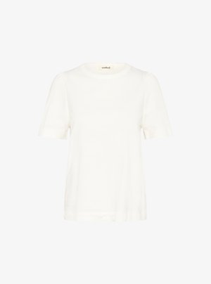 Valge lühikese varrukaga T-särk pehmest kangast, ümmarguse kaelusega ja kergelt puffitud varrukatega. Puhtas ja lihtsas disainis ei ole mustreid.