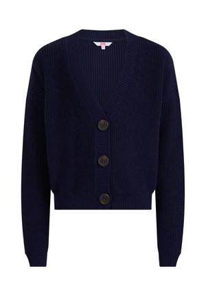 Mørkeblå strikket cardigan med V-hals, lange ærmer, tre store, mørke knapper og ribstrikkede manchetter og kant.