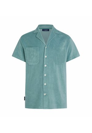 Short-sleeve shirt in light teal, made from textured fabric. Features a button-down front with two chest pockets and a notch collar.