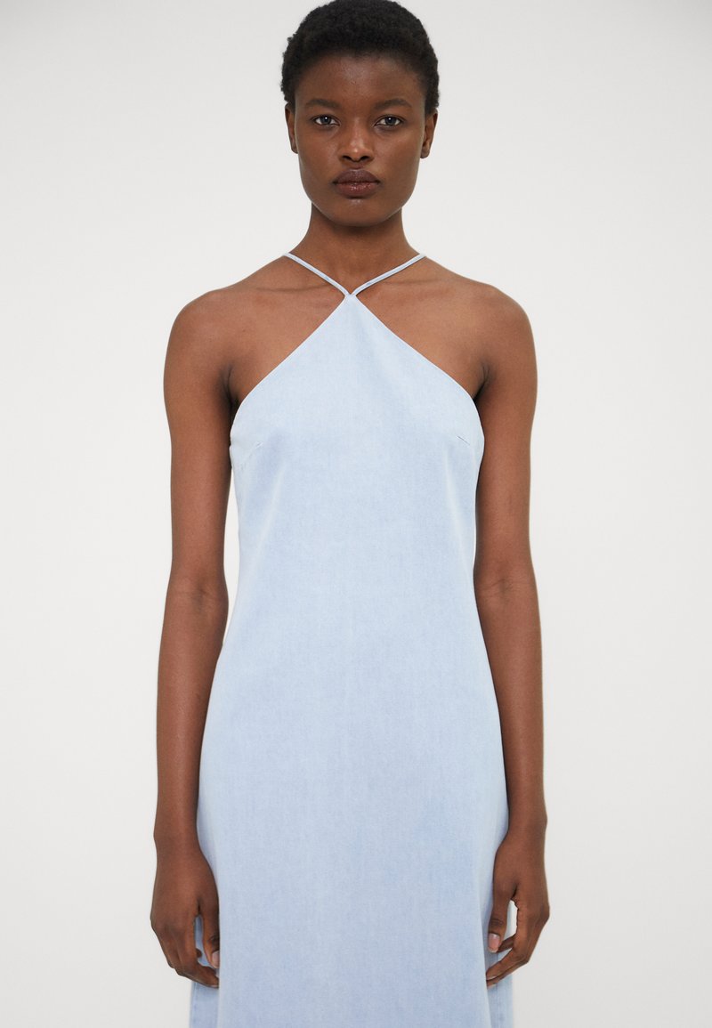 zara blue backless dress V-Neck Spaghetti Straps Backless Satin Sheath Maxi Dress – Alizeal main image 0