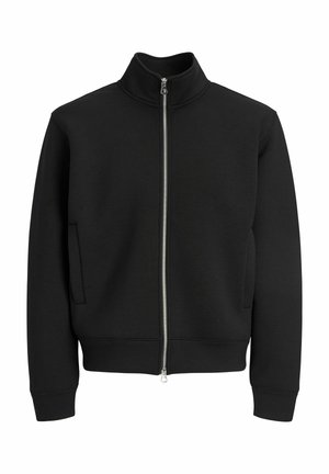 Schwarze, langärmelige Jacke mit Reißverschluss, hohem Kragen und zwei Seitentaschen, auf weißem Hintergrund dargestellt.