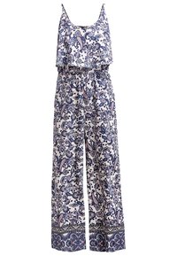 Sukienka bez rękawów z szerokimi nogawkami, w niebieski i fioletowy wzór kwiatowy w stylu paisley, z falbanką na dekolcie, elastycznym pasem i wzorzystym dołem.