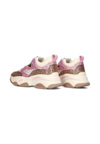 Chunky Sneakers in einem beige-rosafarbenen Farbschema, ausgestattet mit funkelnden Akzenten in Bronze und Rosa, strukturiertem Stoff und einer strapazierfähigen Gummisohle.