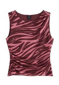 Ærmeløs top med en burgunderbundfarve og lyserøde zebrastriber, samlet tekstur i siden og rund halsudskæring. Mærket er synligt ved kraven.