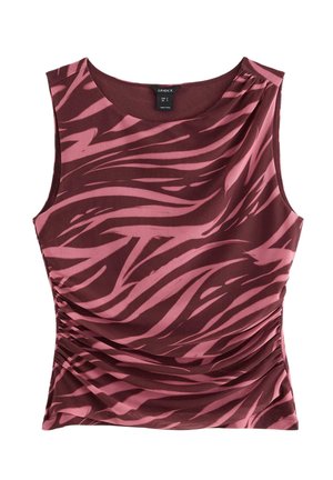 Bezrukávový top s burgundským základem a růžovými pruhy zebry, na boční straně s nařasením a kulatým výstřihem. Visačka viditelná u límce.