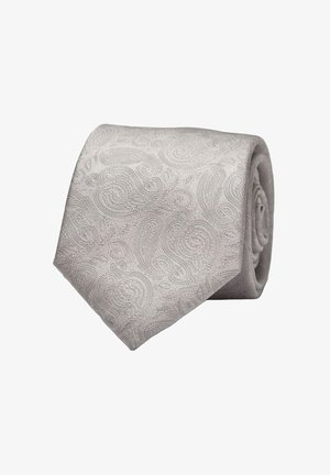 Silvergrå slips med ett paisleymönster och en strukturerad yta, som smalnar av mot en spetsig ände, prydligt rullad för presentation.