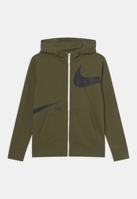 Olivově zelená mikina Nike na zip s velkým černým logem, dvěma předními kapsami, nastavitelnou kapucí a žebrovanými manžetami a lemem.