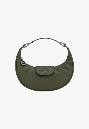 Olive green handbag made of smooth leather with a rounded shape, a front flap closure, and silver-tone hardware accents.
