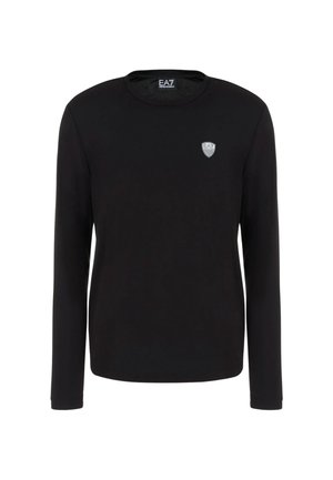 Maglietta a maniche lunghe nera realizzata in un tessuto liscio, con scollatura rotonda e un piccolo logo EA7 sulla parte sinistra del petto.