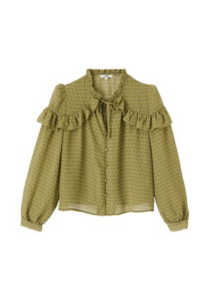 Blouse florale verte avec manches longues, encolure à volants et devant boutonné. Confectionnée en tissu léger à finition texturée.